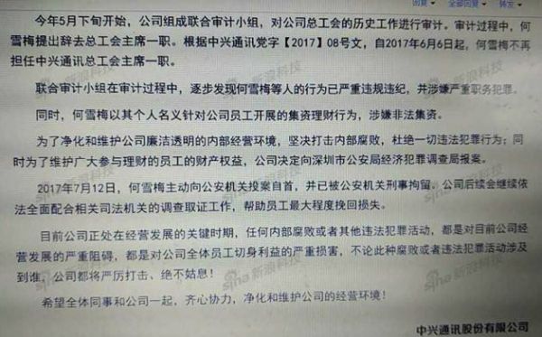 中兴通讯原工会主席何雪梅被刑拘2