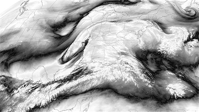 美国国家海洋和大气管理局的卫星图，显示了美国大陆上空的水蒸气。图片来源：《自然》网站