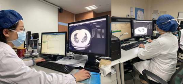 医生在电脑终端浏览患者CT影像及病情评估
