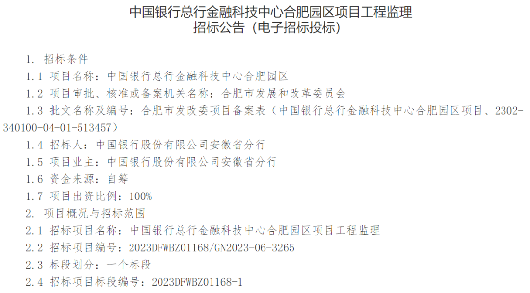 中国银行总行金融科技中心合肥园区招标公告
