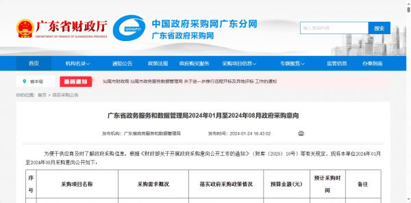 广东省政务服务和数据管理局2024年1月至2024年8月政府采购意向